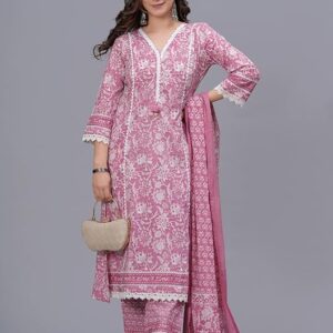 Amayra Women's Pure Cotton Printed Straight Kurta Set with Palazzo Pants & Dupatta- Ethnic Wear