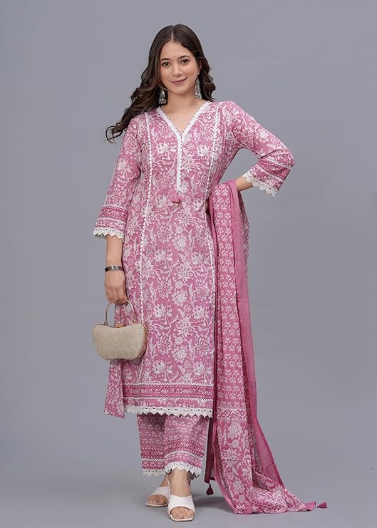 Amayra Women's Pure Cotton Printed Straight Kurta Set with Palazzo Pants & Dupatta- Ethnic Wear - Image 2