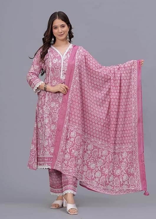 Amayra Women's Pure Cotton Printed Straight Kurta Set with Palazzo Pants & Dupatta- Ethnic Wear - Image 6