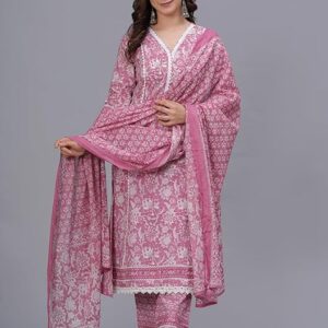 Amayra Women's Pure Cotton Printed Straight Kurta Set with Palazzo Pants & Dupatta- Ethnic Wear