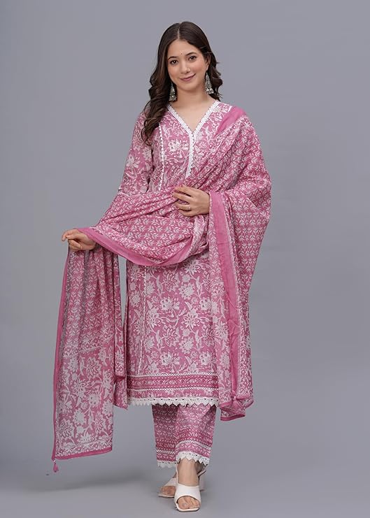 Amayra Women's Pure Cotton Printed Straight Kurta Set with Palazzo Pants & Dupatta- Ethnic Wear - Image 4