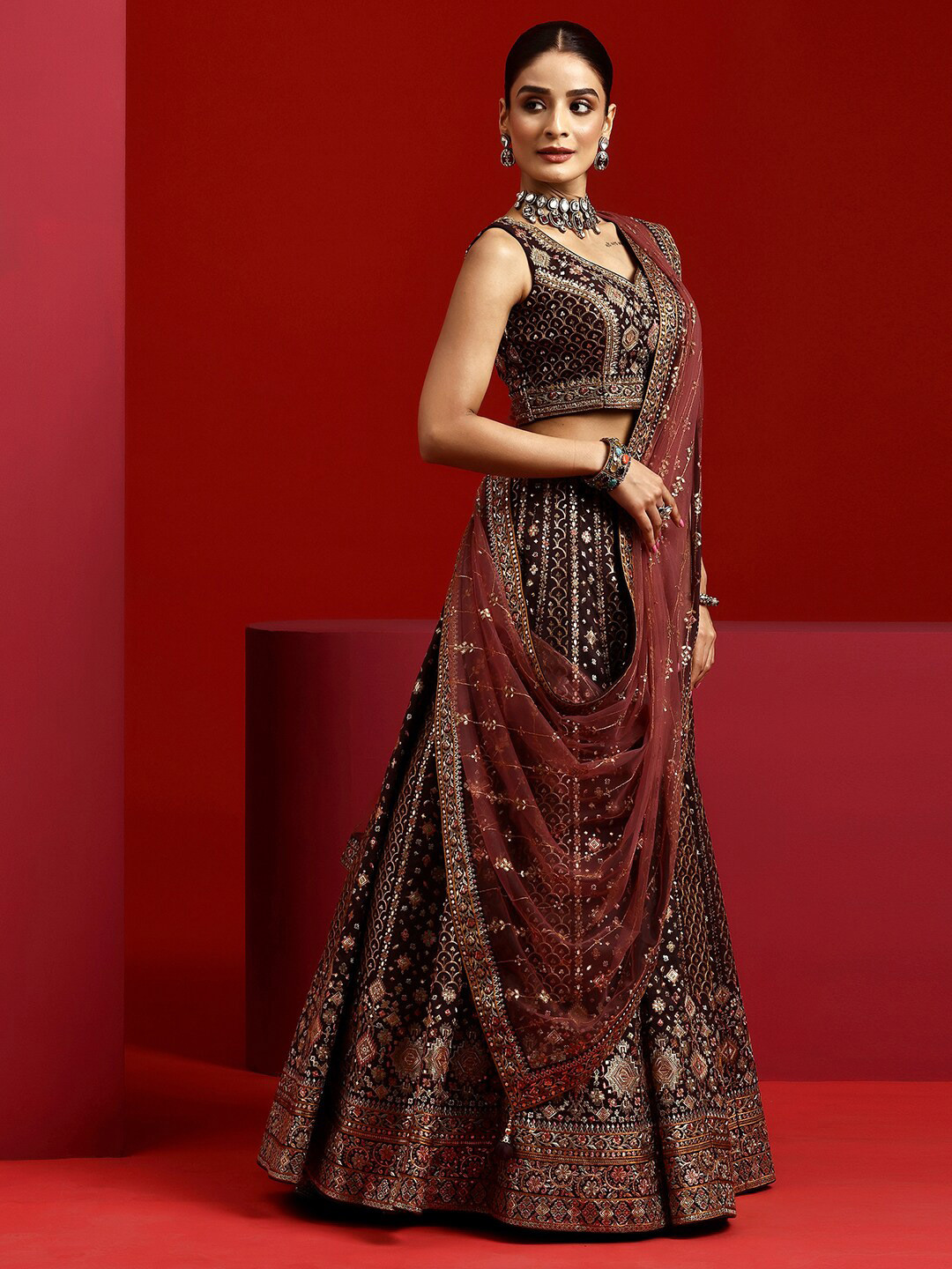 Ethnic Motif Embroidered Ready to Wear Lehenga & Padded Blouse With Dupatta - Image 4
